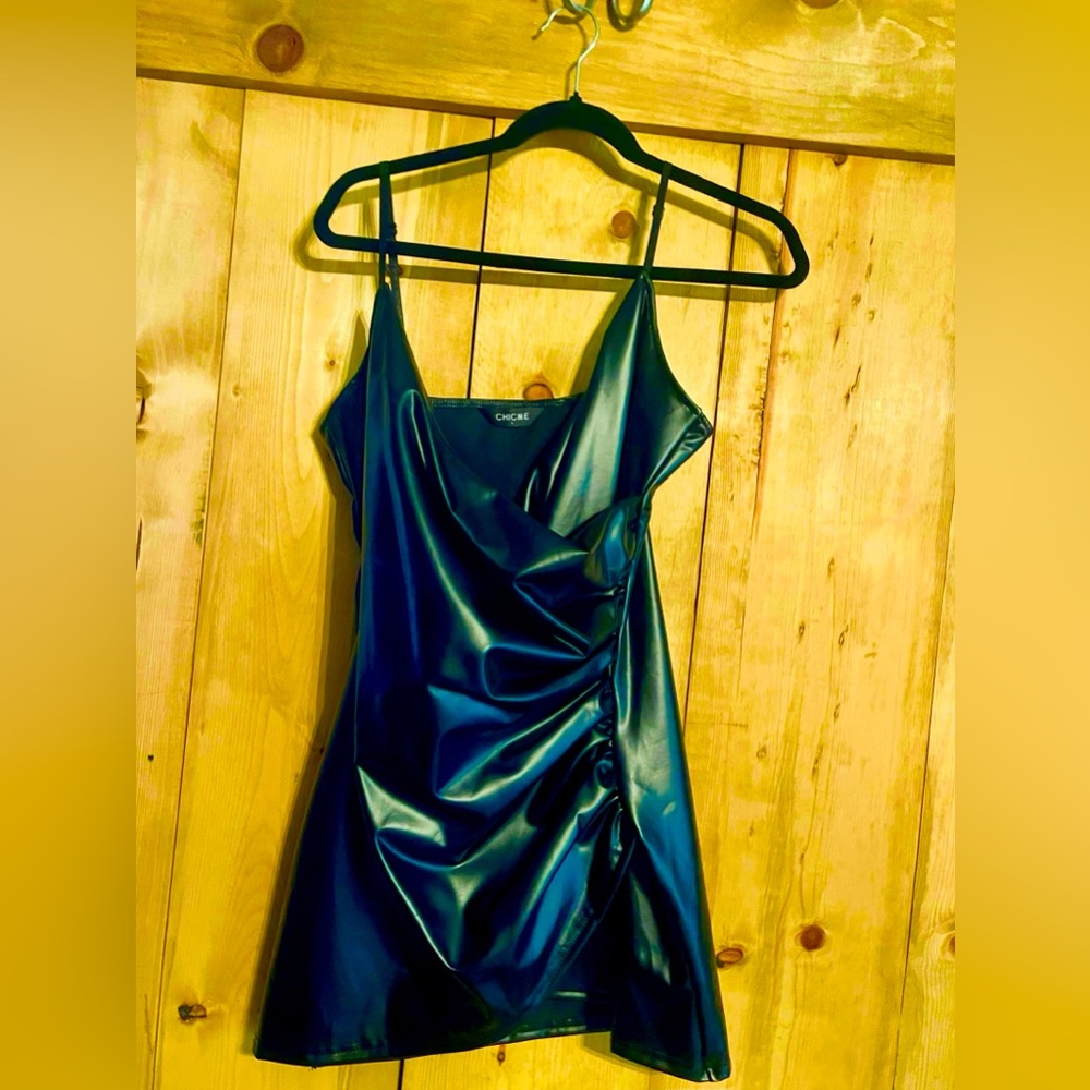 Chic black Slip pleather Mini Dress Spaghetti Strap Cocktail